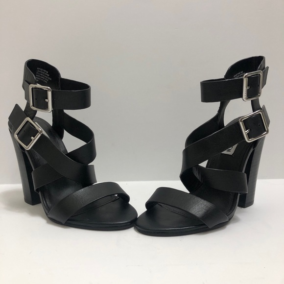 Steve Madden Double Buckle Black Leather Block Heel Size 5 M - Picture 2 of 10